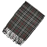 100% Pashmina Classic Plaid Tassel Ends Long Scarf Shawl - Gray