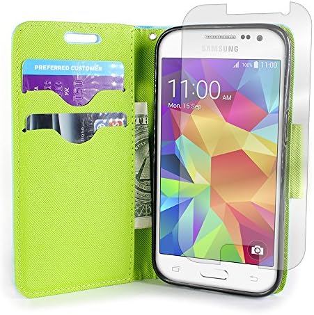 CoverON® for Samsung Galaxy Prevail LTE / Core Prime Wallet Case [CarryAll Series] Flip Credit Card Phone Cover Pouch with Screen Protector and Wristlet Strap - Light Blue / Neon Green