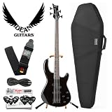 Dean Edge 10 Active PJ Bass, Classic Black Electric Bass with Cable, Planet Waves 12 Pick Shredder Pack, Ultra Stand & Coffin Case Body Bag