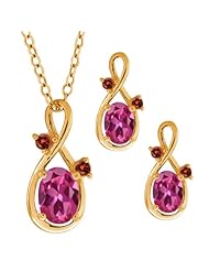 1.93 Ct Oval Pink Tourmaline Gemstone 18k Yellow Gold Pendant Earrings Set