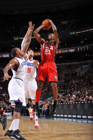 New Jersey Nets v Philadelphia 76ers: Travis Outlaw, Marreese Speights and Andres Nocioni Photographic Poster Print by Jesse D. Garrabrant, 28x42