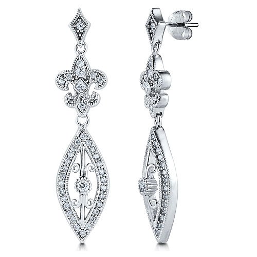 Sterling Silver Marquise Cubic Zirconia Fleur De Lis Dangle Earrings
