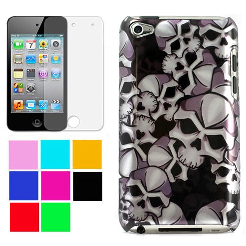 Durable Two Piece Front and Back Protective Hard Shell Crystal Cover Case for Apple iPod Touch 4th Generation + Clear Screen Protector for Apple iPod Touch 4th Generation , Skull