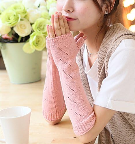Tirain Fingerless Winter Knitted Arm Warmers Glove Thumb Hole Long Gloves Hand Warmer (Pink)