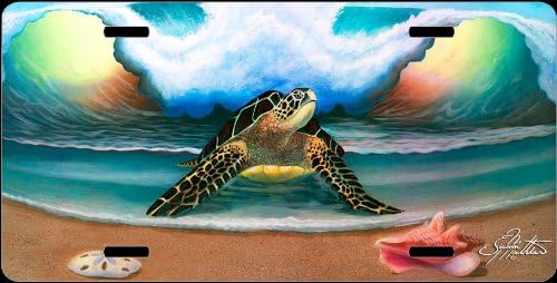 Custom Fine Art Fishing License Plate Sea Turtle On The Beach Ocean Waves Sunset