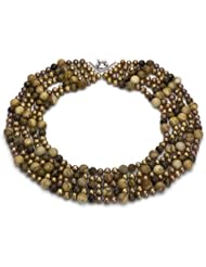 Sterling Silver 6-7mm Bronze Freshwater Pearl, 8-9mm Tiger Eye and 10-11mm Fossil Stone 18"-24" 5-row Necklace.