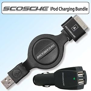 Scosche IPUSBKR Sleeksync Retractable USB 2.0 Cable for Ipod and Iphone Bundle With Scosche USB12V2 Dual USB Car Charger