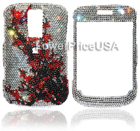 Blackberry Bold 9000 Genuine Swarovski Crystal (7ss) Silve/Red Flower Design Faceplate Cover Case