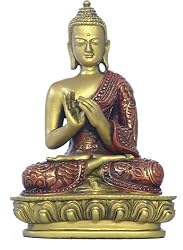 Nepali Buddha Statue, Turning the Wheel of the Dharma, Red & Gold