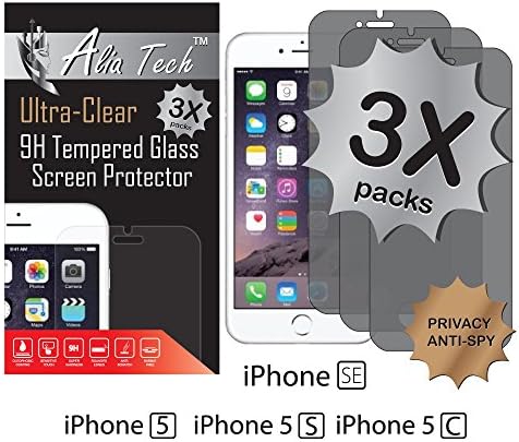 iPhone SE Screen Protector, 3 Pack Alia Tech 0.3mm Anti Spy Privacy Tempered Glass Screen Protector For iPhone SE, Compatible With iPhone SE 5s 5c 5 Screen Protector. Best iPhone SE Screen Protector.