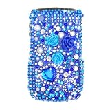 Sparkling Blue with Sky Blue Rose Flower Heart Jewel Pearl Premium Luxury Rhinestones Full Diamond Bling Blackberry 8520 8530 Curve / Gemini Snap on Cell Phone Case