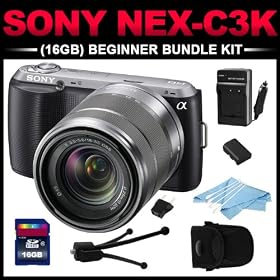 Sony Alpha NEX-C3K (Black) 16MP Compact Interchangeable Digital Camera with 18-55mm Zoom Lens (16GB Beginner Bundle Kit) includes Charger, Battery, 16GB SD Card, Mini Tripod, Cleaning Kit