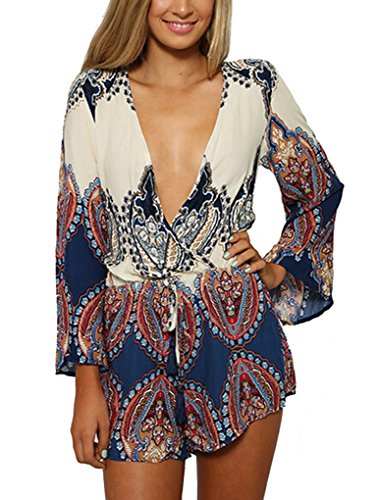 PAKULA® Women's Deep V Neck Casual Romper Bohemian Style Short Jumpsuit