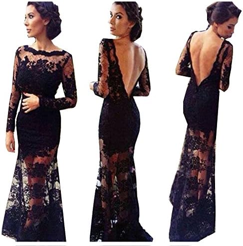 Womens Lace See Through Long Ankle Cocktail Backless off Shoulder Dress M