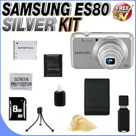 Samsung ES80 12.2-Megapixel Compact Digital Camera Silver + 8GB SDHC Memory Card + Extended Life SLB70A Battery + Samsung Deluxe Case + USB Card Reader + Memory Card Wallet + Accessory Saver Bundle!