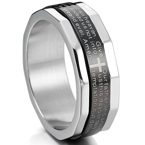 Silver Black Stainless Steel Ring Band Bible Lords Prayer Cross