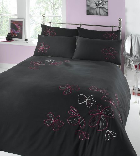Double Bed Embroidered Duvet Cover Set -Tiffany - Black