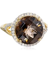 Sterling Silver with 14KT Gold Flash Smoky Quartz and Diamond Round Ring, Size 7