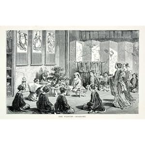 1897 Wood Engraving Japanese Wedding Ceremony Meiji Period Bonsai Crane Statues - Original Wood Engraving