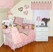 Pink French Toile Ruffled Brown Silky Satin 11 PC Baby Bedding Set