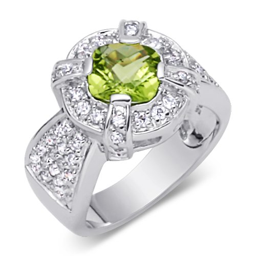 Breathtaking 1.50carats total weight Cushion Cut Checker Board Peridot & White CZ Size 6 Gemstone Ring in Sterling Silver
