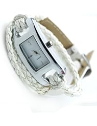 Fashion Womens Quartz Square Dial Weave Wrap Fuax Leather Bracelet Watch White