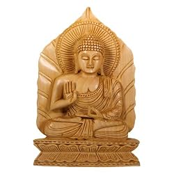 Hand Carved Wood Buddha Statue on Leaf Throne