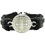 San Benito St Saint Benedict Black Leather Silver Tone Color Medal Bracelet