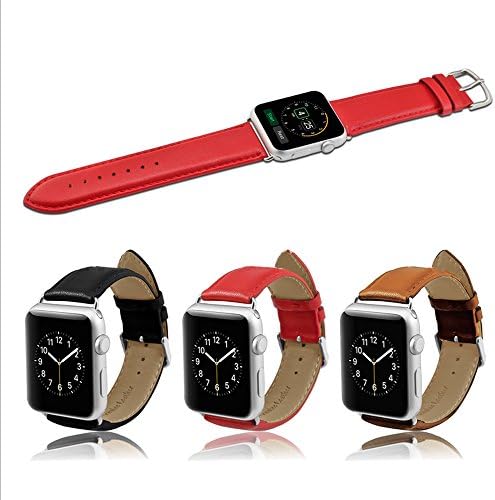 Apple Watch Band, LROO® Genuine Leather Replacement Strap Wrist Band w/ Metal Clasp Classic Polishing for Apple Watch & Sport & Edition (Leather2-red-38mm)