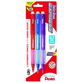 Pentel Twist-Erase EXPRESS Automatic Pencil, 0.7mm, Assorted Barrels, 3 Pack (QE417FBP3M)