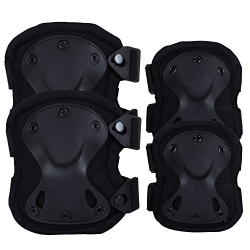 Knee & Elbow Pads , ADiPROD (4 pcs) Adjustable Tactical Airsoft Combat Sports-Protective Skate Knee Pads (Black)