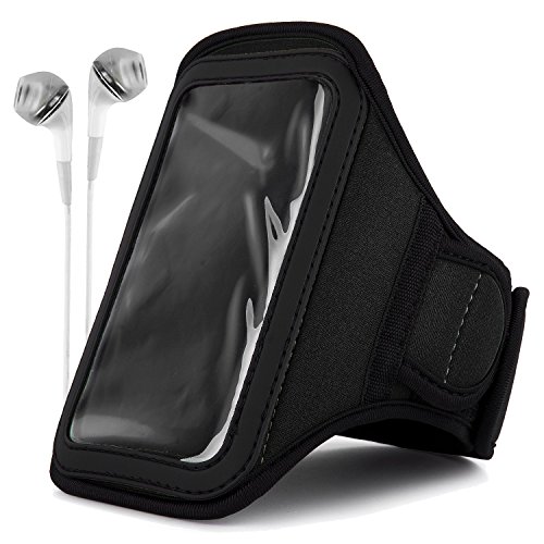 Athlete's Choice Black Neoprene Workout Armband for Sony Xperia Z3, Z3v, Z2, Z1S, Z1, T3 Smartphones + White VanGoddy Headphones with Mic