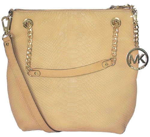 Michael Kors Tan Python Embossed Leather Jet Set MD Chain Tote Shoulder Bag Handbag Purse