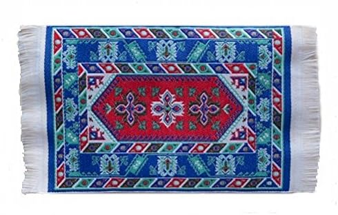 Embroidered Dollhouse Woven Mini Aztec Rug with Blue, Red, Green Color Theme