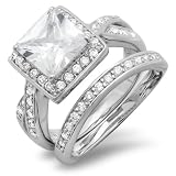 2.50 Carat (ctw) Platinum Plated Halo Ladies Princess Round Cubic Zirconia CZ Wedding Bridal Engagement Ring with Matching Band Set (Available in size 6, 7, 8)