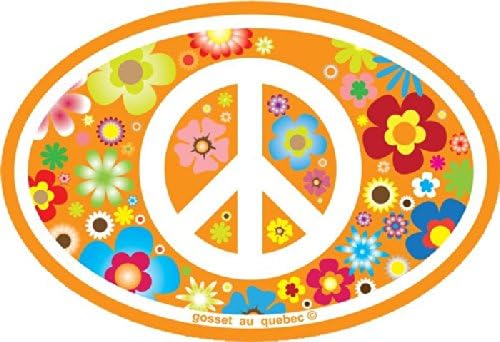 Peace Sign / Symbol over Orange Hippie Flowers - Oval Small Bumper Sticker / Decal ( 3.5" x 5" )
