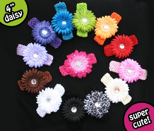 13 Assorted Large Gerber Daisy Flower Hair Clip Bows with Soft Stretch Crochet Child Headbands - Will Fit Infant Baby to Toddlers to Youth Girls