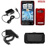 HTC EVO 4G Sprint Combo Red Rubber Feel Protective Case Faceplate Cover + Black Horizontal Leather Pouch + Rapid Car Charger + Home Wall Charger for HTC EVO 4G Sprint