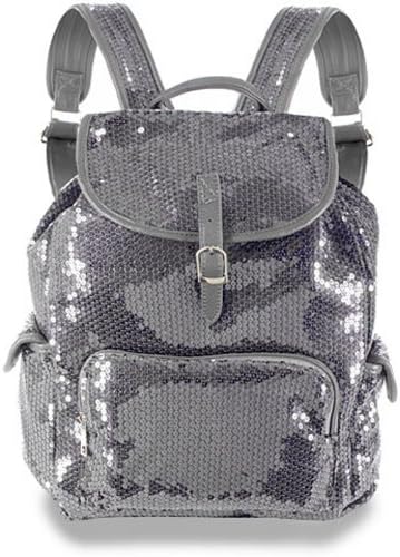 Grey Glittery Sequined Large Drawstring Backpack