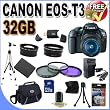 Canon EOS Rebel T3 12.2 MP CMOS Digital SLR with 18-55mm IS II Lens (Black)+58mm 2x Telephoto lens + 58mm Wide Angle Lens (3 Lens Kit!!!) W/32GB SDHC Memory +Extra Battery/Charger+3 PIece Filter Kit+Case+Full Size Tripod+Accessory Kit
