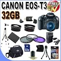 Canon EOS Rebel T3 12.2 MP CMOS Digital SLR with 18-55mm IS II Lens (Black)+58mm 2x Telephoto lens + 58mm Wide Angle Lens (3 Lens Kit!!!) W/32GB SDHC Memory +Extra Battery/Charger+3 PIece Filter Kit+Case+Full Size Tripod+Accessory Kit