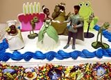 Adorable 15 Piece Disney Princess And The Frog Cake Topper Set Featuring Prince Naveen, Princess Tiana, Tiana as a Frog, Naveen as a Frog, Ray the Firefly, Mama Odie, Louis The Trumpet Playing Alligator, 6 Princess And The Frog Buttons, Decorative Birthday Cake and Frog.