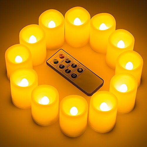 Kohree Flameless Battery Operated LED Pillar Candles Unscented Ivory Votive Remote Candles with Remote Control & Timer, Amber Yellow Flame(12 Set)