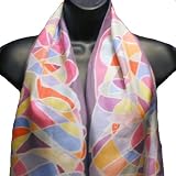 ArtisanStreet's Festive Stained Glass Hand Painted Silk Scarf. Features Pattern in Shades of Green, Yellow, Orange, Red, Blue and Purple on Gray Background. One Of A Kind. Signed By Artisan.
