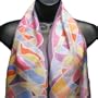 ArtisanStreet's Festive Stained Glass Hand Painted Silk Scarf. Features Pattern in Shades of Green, Yellow, Orange, Red, Blue and Purple on Gray Background. One Of A Kind. Signed By Artisan.