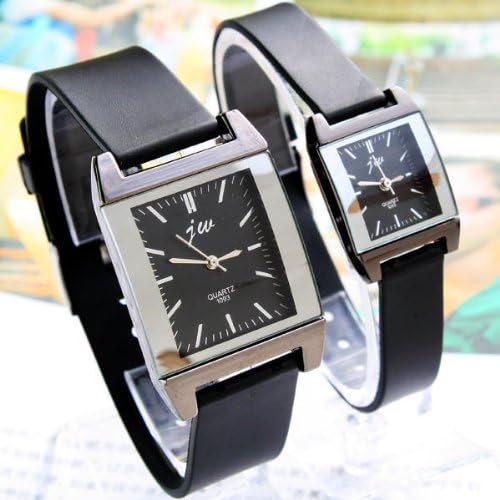 Black Leather Strap Square Dial Steel Bezel Gift Watch For Pair Couple Lover-Black