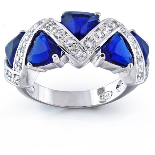 Bling Jewelry Sterling Silver Trillion Cut Blue Sapphire Color CZ Zig Zag Ring
