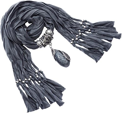 Seafire Women's Infinity Stole Scarf Wrap Shawl with Pendant Necklace Jewelry (Grey 0073-2)