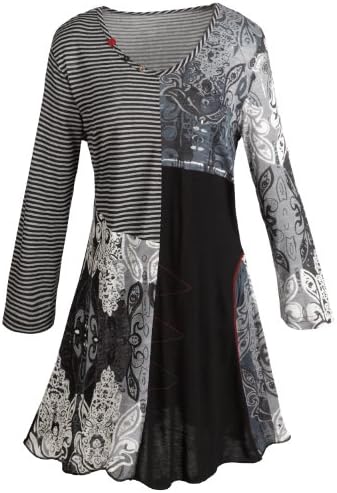 Women's City Streets Asymmetrical Dip Hem 3/4 Sleeve Black And White Tunic Top