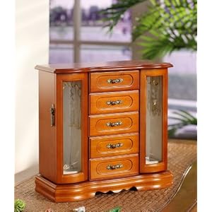 Jewelry with Glass Doors in Oak Finish